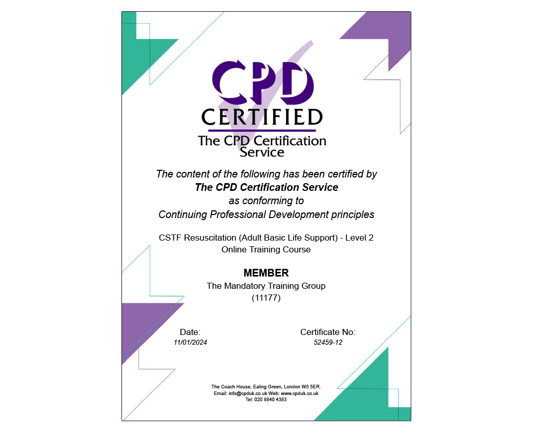 Accredited CSTF Resuscitation - Adult Basic Life Support - Level 2 - Online Course - ComplyPlus LMS™ - The Mandatory Training Group UK -