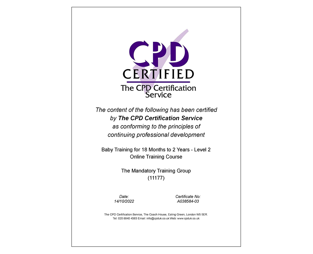 Baby Training for 18 Months to 2 Years Old - Level 2 - CPD Certificate - The Mandatory Training Group UK -