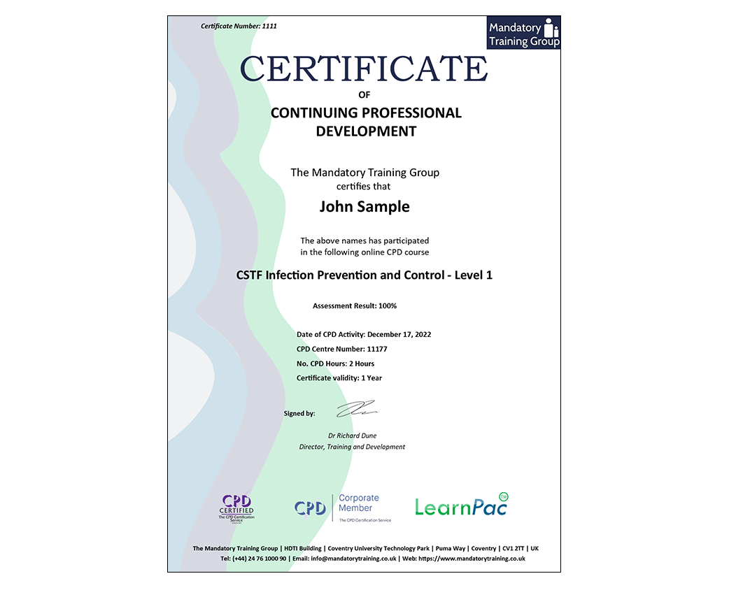 CSTF Infection Prevention and Control - Level 1 - E-Learning Course with Certificate - The Mandatory Training Group UK -