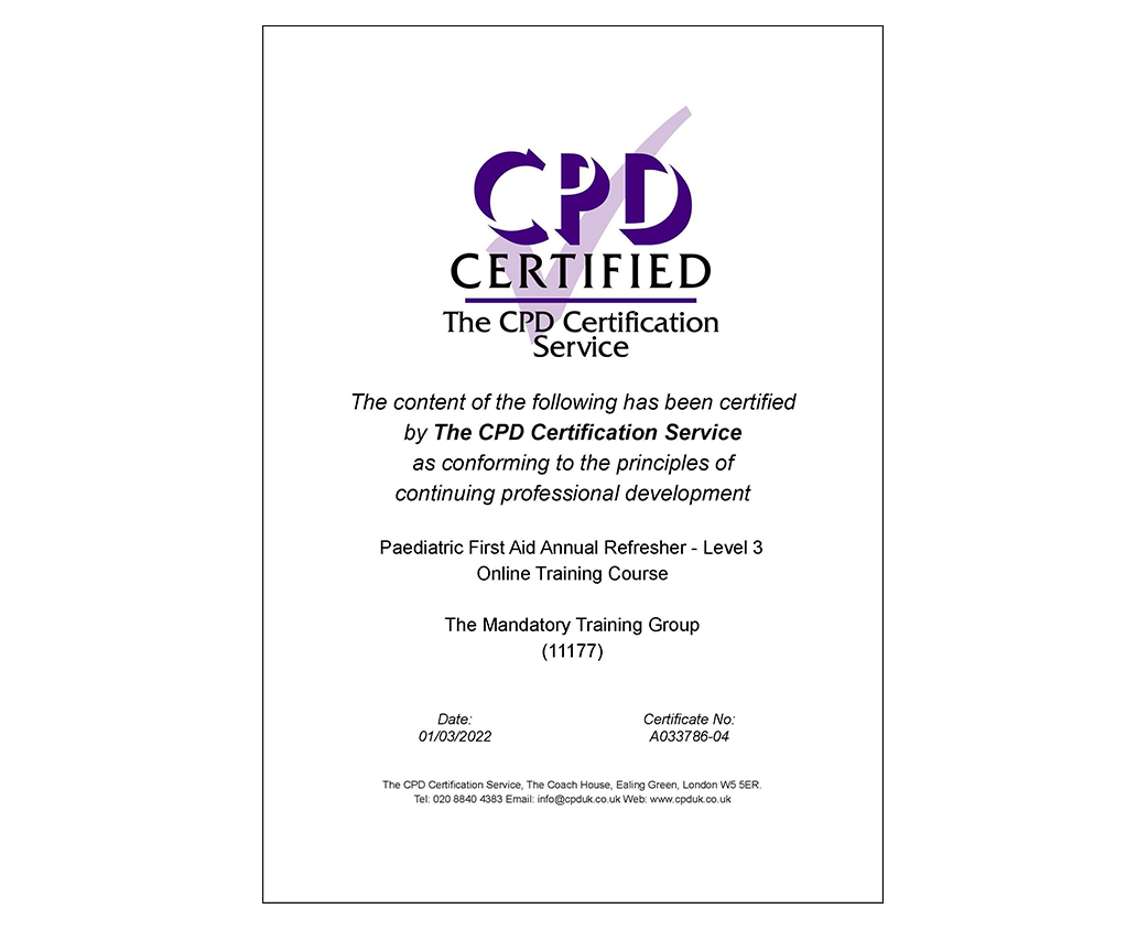 Paediatric First Aid Annual Refresher - Level 3 - CPD Certificate - The Mandatory Training Group UK -