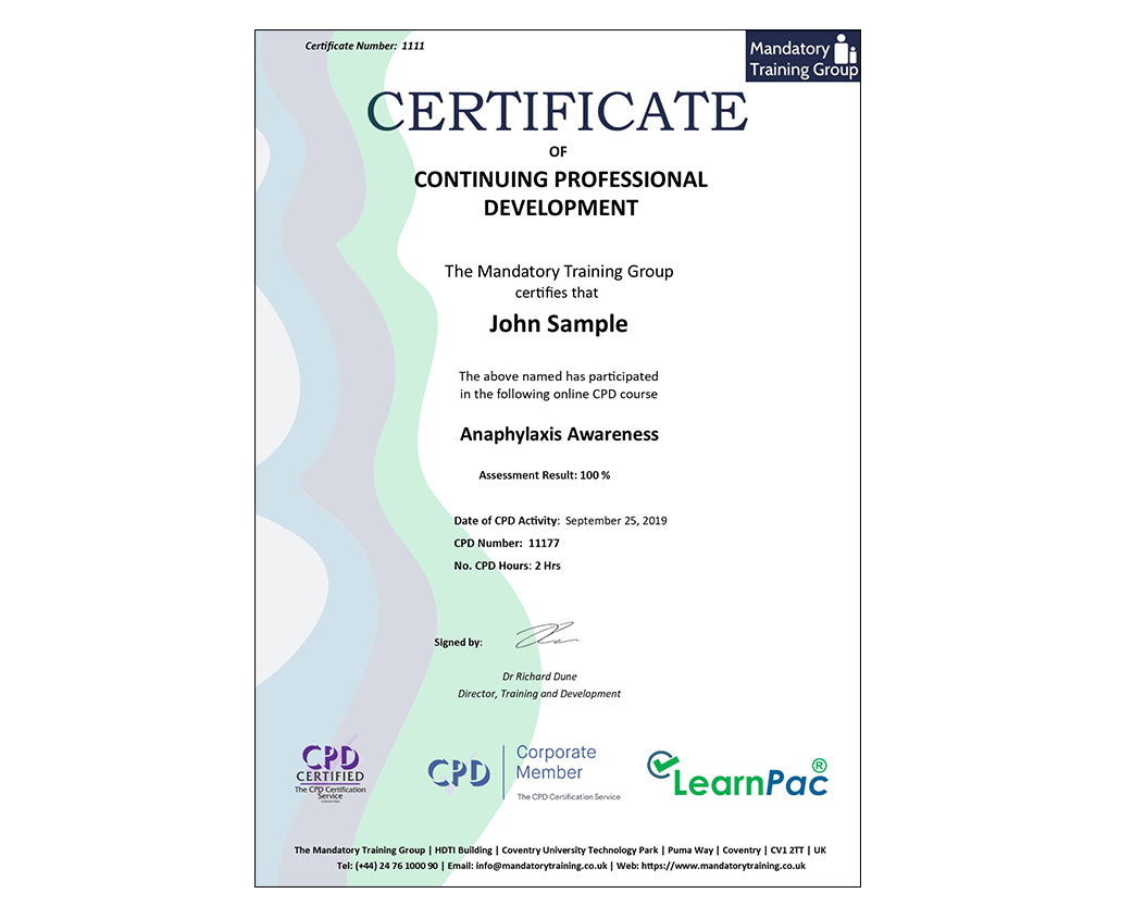 Anaphylaxis Awareness - Online Training Course - The Mandatory Training Group UK -
