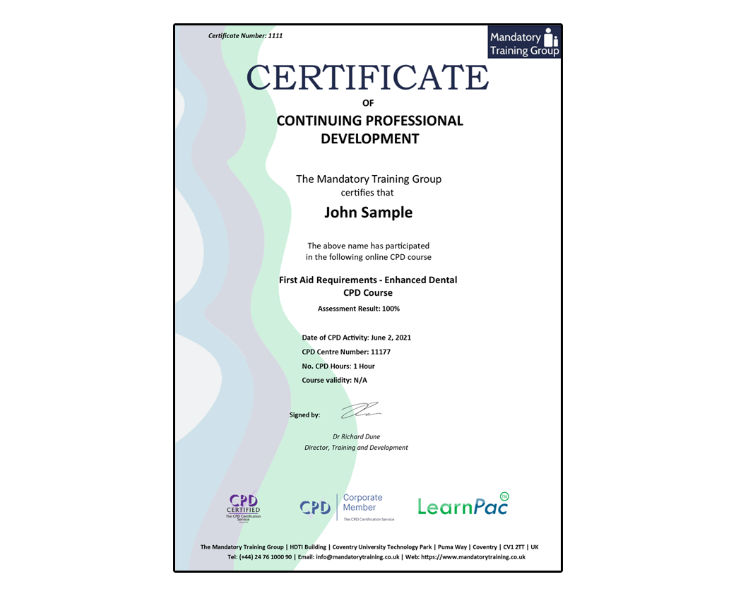 First Aid Requirements - Enhanced Dental CPD Course - E-Learning Course - The Mandatory Training Group UK -