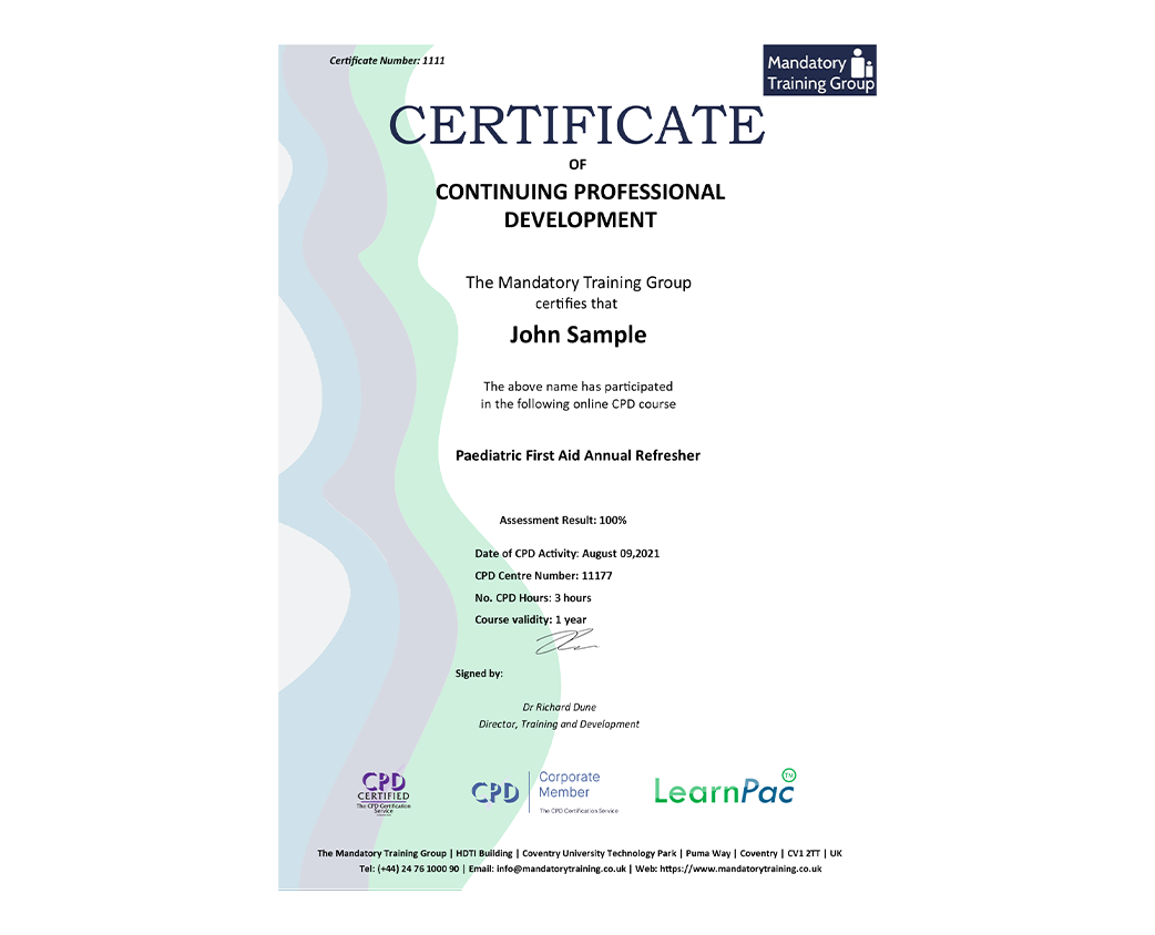 Paediatric First Aid Annual Refresher - e-Learning Course - CPDUK Accredited -