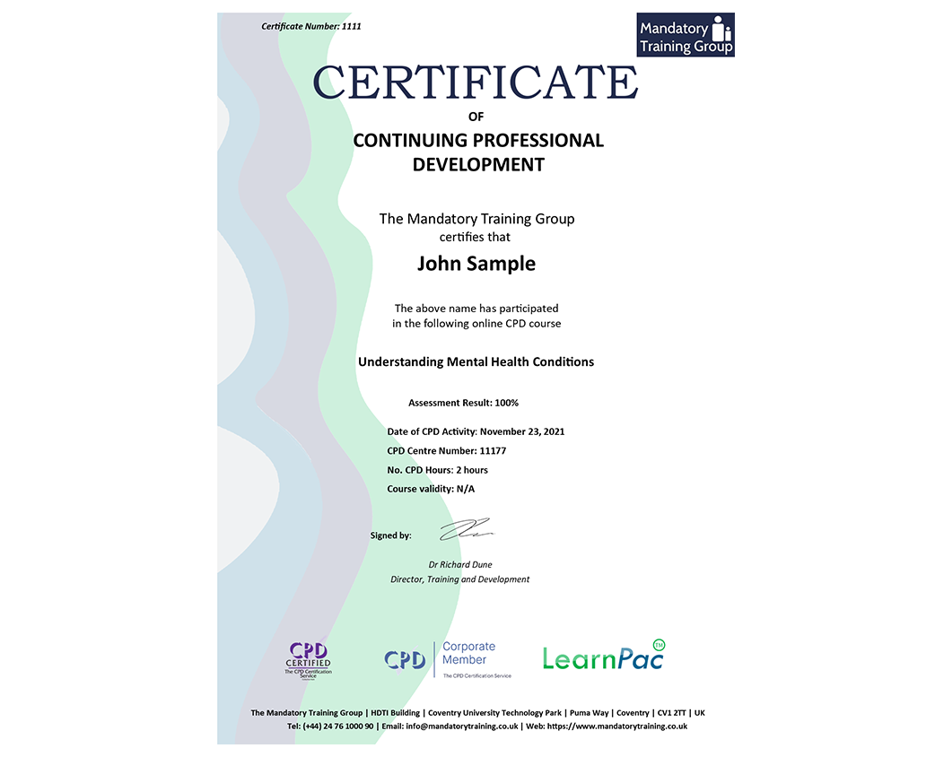 Understanding Mental Health Conditions - Certification Accredited - The Mandatory Training Group - UK